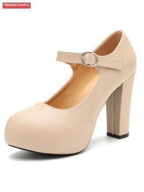 Women's Mary Jane Platform Pumps, 4 Inch Chunky Heel Ankle Strap